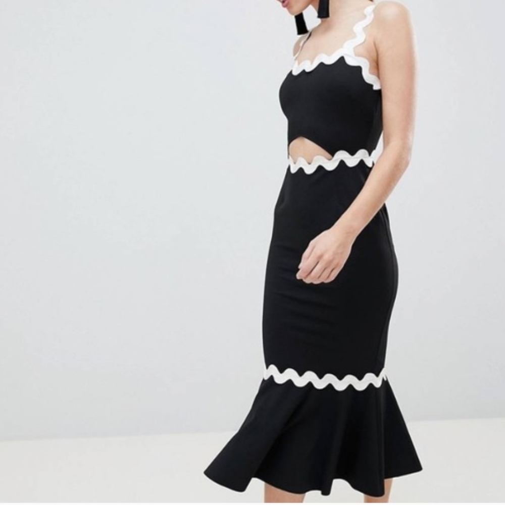 ASOS Black Midi Dress with White Wave Trim